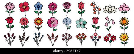 Collection of icons spring colorful flower elements vector. Set floral of wildflower, leaf branch, foliage on white background. Drawn blossom illustra Stock Vector