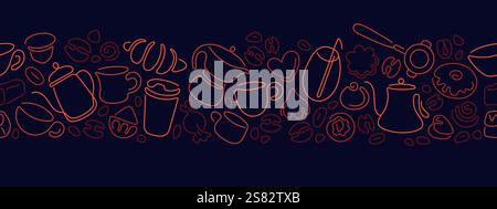 Bakery and dessert pattern. Line coffee, tea cup, graphic cake, croissant. Vector seamless border with breakfast food in doodle style. Perfect for pri Stock Vector