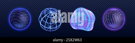 3d neon tech sphere collection with glowing effects - futuristic dotted orb, geometric wireframe globe, distorted grid shape and luminous digital ball Stock Vector