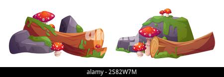 Swamp forest terrain pieces with fallen logs, gray rocks, moss and red spotted mushrooms. Mossy landscape elements covered by green slime, decorated with toadstools. Natural environment game assets. Stock Vector