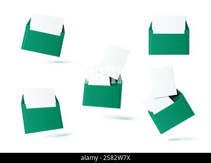 3d letter mockup set with turquoise envelopes and blank paper sheets in different positions. Floating postal stationery set on white background. Minimal mail design template for branding presentation. Stock Vector