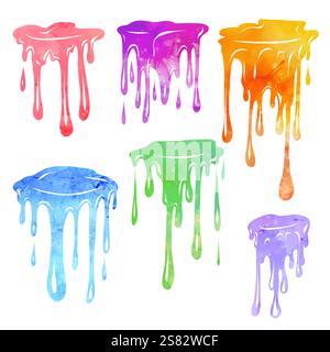 Vector set of watercolor paint drops with flowing down drops in cartoon style isolated from background. Color collection of sticky dye stains for icon Stock Vector