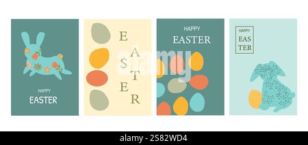Colorful easter cards with bunnies and eggs. Stock Vector