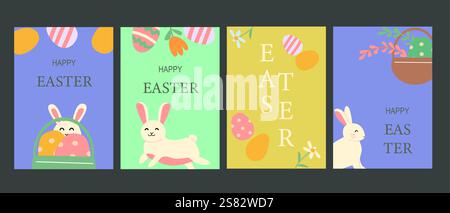 Happy easter greeting card set with geometric designs and cute bunny illustrations. Stock Vector