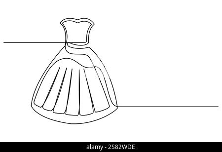 Fashion clothes symbol for bridal shop, Wedding dress in one continuous line drawing vector illustration Stock Vector