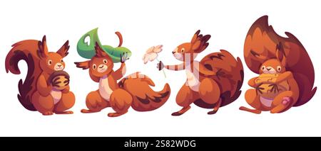 Cute squirrel character set in different poses - furry woodland creature holding acorn, hiding under leaf umbrella, presenting flower and hugging nut. Stock Vector