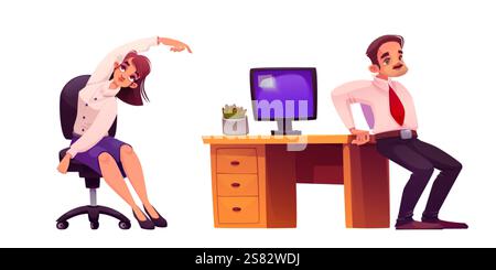 Office stretch workout set - business colleagues performing desk based fitness movements. Cartoon characters doing stretching exercises near workstati Stock Vector