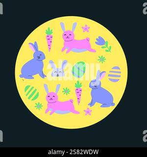 Colorful easter patterns with bunnies, eggs, and carrots for festive designs. Stock Vector
