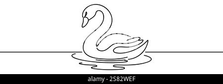 Single continuous line drawing a swan is gracefully swimming in a wetland Stock Vector