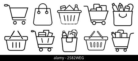E-Commerce and Shopping Cart Icon Set 10 Minimalist Line Icons for Online Retail, Shopping Baskets, Carts, Bags, and Mobile Purchases Perfect for Web Stock Vector
