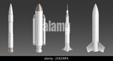 Realistic space rocket collection in white and metallic colors. Cosmic vehicles with different propulsion systems, boosters, stabilizing fins and nose Stock Vector