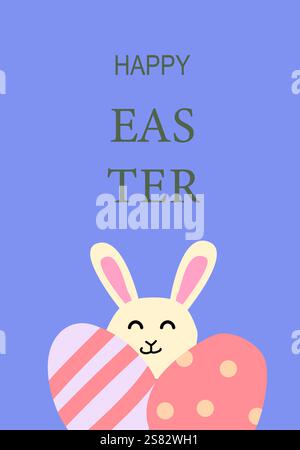Cheerful easter bunny with decorated eggs - festive poster design for holiday celebrations. Stock Vector