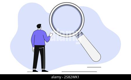 Young male looking through magnifying glass. Concept of searching, finding, information service, Q and A, customer support, find the answer. Vector il Stock Vector