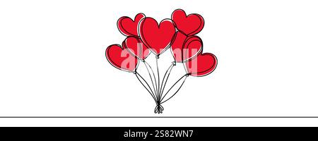 Heart balloons drawing with one continuous line. Cute symbol love. Hand draw outline isolated on white background. Drawing line art prints. Wedding or Stock Vector