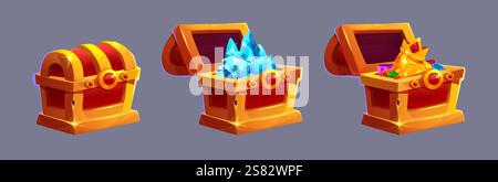 Golden treasure chests - closed and filled with blue crystals and pile of gold coins, royal crown and colorful gemstones. Decorated wooden containers Stock Vector