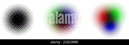 Halftone round background set. RGB color dotted half tone shapes. Grunge ink press splash stains and blots. RGB textured pixelated circle gradient collection. Print production glitch. Vector Stock Vector