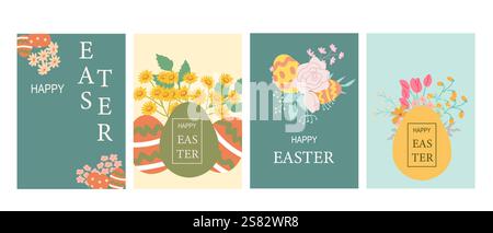 Colorful easter greeting cards with floral and egg designs. Stock Vector