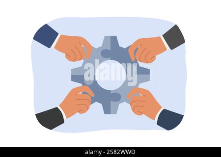 Synergy of business people holding fragments of mechanism in hands, and connecting gear Stock Vector