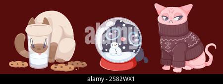 Christmas cats set in cozy winter settings - funny kitten with milk and cookies, sweet feline near snow globe with snowman, grumpy pet wearing knitted sweater. Cute animals for holiday sticker or card Stock Vector