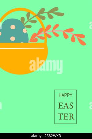 Easter celebration poster design with colorful egg in basket and floral elements. Stock Vector