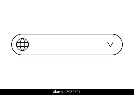Search bar icon. Minimalistic globe shape. Dropdown arrow vector. Simple black outline. Stock Vector
