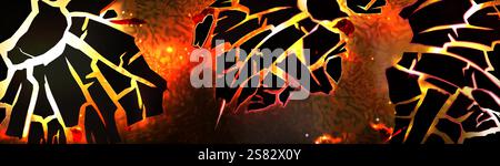 Lava filled geological cracks spreading through dark broken surface, illuminated volcanic fissures with glowing magma streams and blazing particles. Underground natural disaster molten rock pattern. Stock Vector