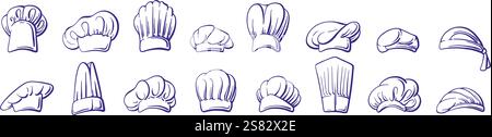 Chef hats sketch collection. Professional clothes for cook and pastry on white background. Head wear in doodle style. Vector illustration Stock Vector