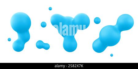 3D blob shapes collection in bright blue color - flowing liquid forms with smooth organic curves and spherical droplets. Modern abstract fluid element Stock Vector