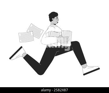 Arab businessman running with papers stack in hand black and white 2D line character Stock Vector