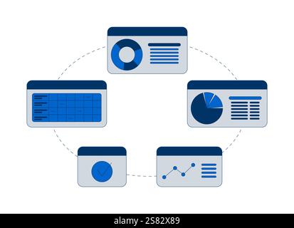 Interconnected circular business dashboard workflow 2D cartoon object Stock Vector