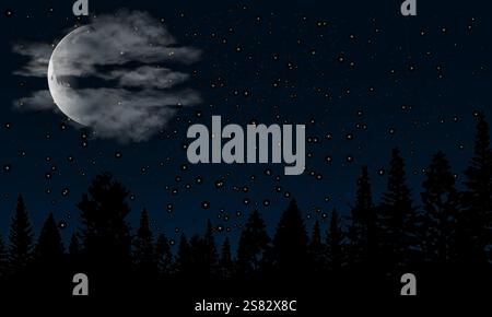Landscape at night background with starry sky, waning crescent moon and soft cummulus clouds, Stock Vector