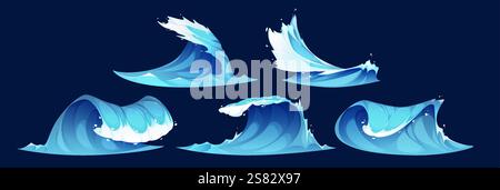 Cartoon ocean wave set. Stormy water elements with dynamic blue surf peaks and white foam crests and splashing droplets on dark background for sea ani Stock Vector