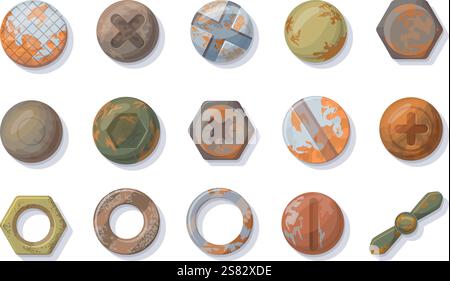 Rusty screw heads. Old screw nails head top view with grunge texture, metal bolt circle rivet rust vintage antique iron steel gold brass copper pin nut cap neat vector illustration original artwork Stock Vector