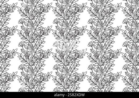Botanical Line art abstract pattern whit plant and flowers vector illustration. Black and white outline repeating floral print. Graphic design for Wal Stock Vector
