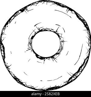 A simple black and white vector illustration of a classic round donut in a hand-drawn style. Perfect for bakery branding, pastry shop branding Stock Vector