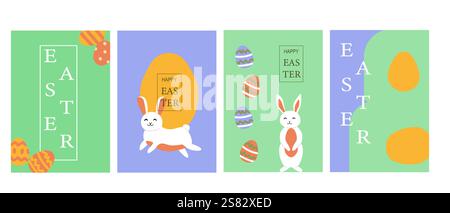 Colorful easter designs featuring eggs and bunnies on pastel backgrounds. Stock Vector