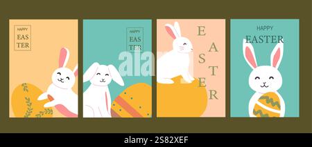 Cute easter bunnies with eggs in festive spring designs. Stock Vector
