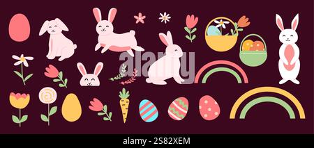 Colorful easter illustration with bunnies and eggs for festive designs. Stock Vector