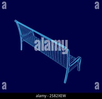 Blue bench is shown in a blue background. The bench is made of wood Stock Vector
