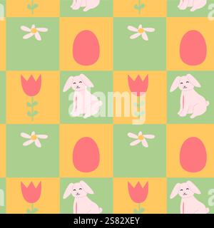 Happy easter patterns with bunny flowers and eggs for festive designs. Stock Vector