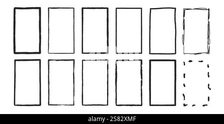 Grunge rectangle frames set. Square shapes modern black. Vector hand drawn collection illustration isolated on white background. Stock Vector