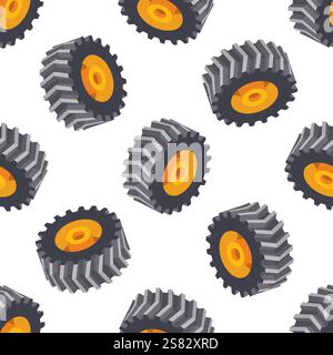 Seamless pattern with isometric tractor wheels. Vector illustration. Objects isolated on white background. Heavy duty truck wheels. Stock Vector