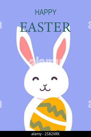 Happy easter poster design featuring cute bunny holding easter egg. Stock Vector