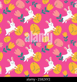 Happy easter patterns with bunnies, eggs, and flowers for festive designs. Stock Vector