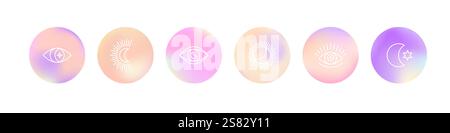Vivid gradient circles with line art of sun, moon and mystic evil eye Stock Vector
