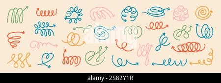 Spiral arrows. Hand drawn lines with arrows on ending recent vector doodle set of different spirals Stock Vector