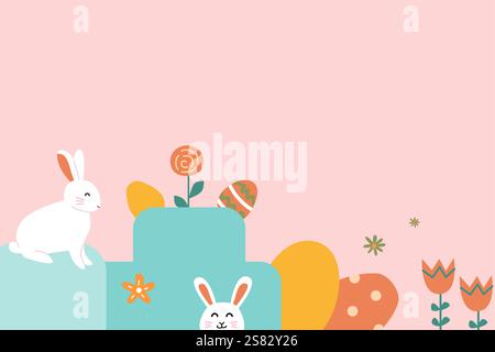 Happy easter patterns with bunnies and floral elements for festive designs. Stock Vector