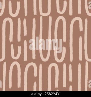 Abstract lines seamless pattern. Curved grunge stroke endless background. Wavy brown brush ink shapes repeat cover. Tribal continuous ornament. Patter Stock Vector