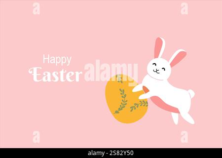 Cheerful easter bunny with decorated egg on pastel background for holiday design. Stock Vector