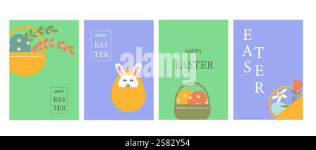 Happy easter geometric design set with baskets, eggs, and bunny for spring celebrations. Stock Vector